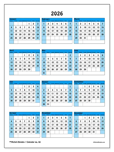 Printable Annual calendar 2026 - Colorful organization - Week from Sunday to Saturday