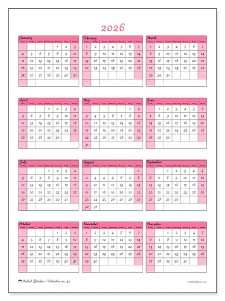 Printable Annual calendar 2026 - Soft elegance - Week from Sunday to Saturday
