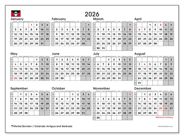 Printable Annual calendar 2026 - Antigua and Barbuda