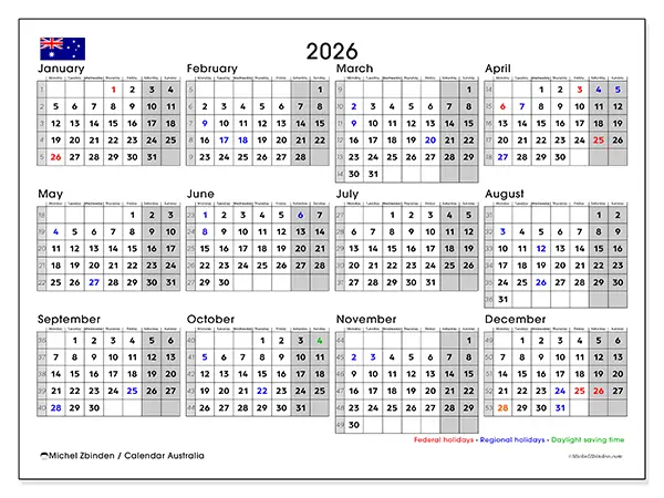 Printable Annual calendar 2026 - Australia