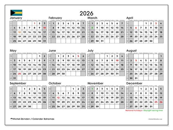 Printable Annual calendar 2026 - Bahamas