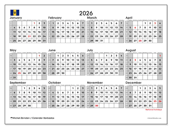 Printable Annual calendar 2026 - Barbados