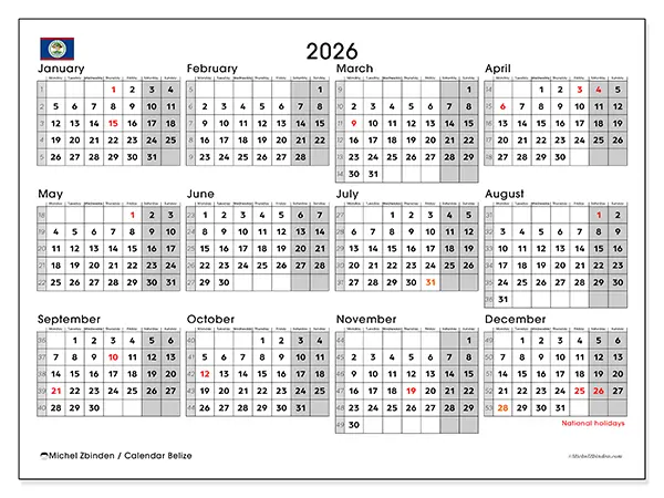 Printable Annual calendar 2026 - Belize