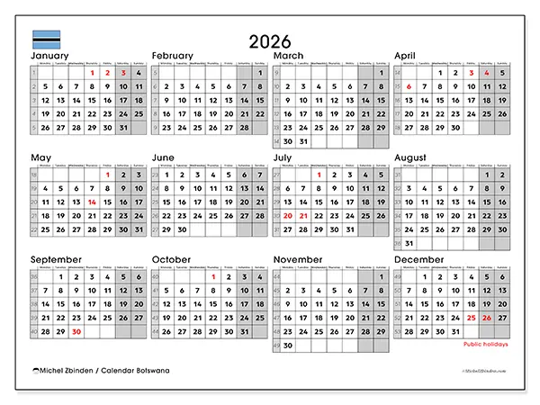 Printable Annual calendar 2026 - Botswana