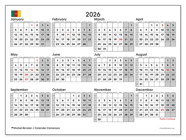 Printable Annual calendar 2026 - Cameroon