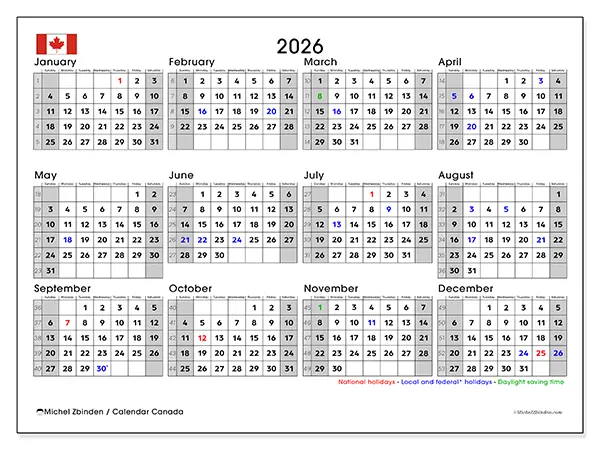 Printable Annual calendar 2026 - Canada