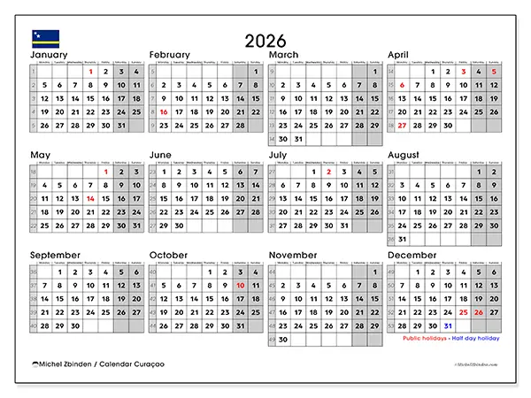 Printable Annual calendar 2026 - Curaçao