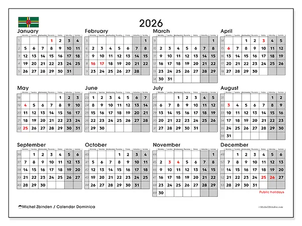 Printable Annual calendar 2026 - Dominica