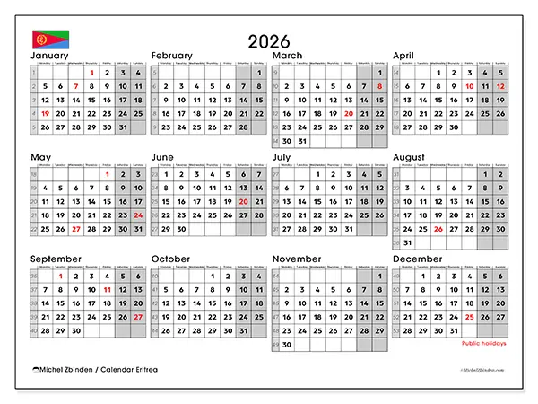 Printable Annual calendar 2026 - Eritrea