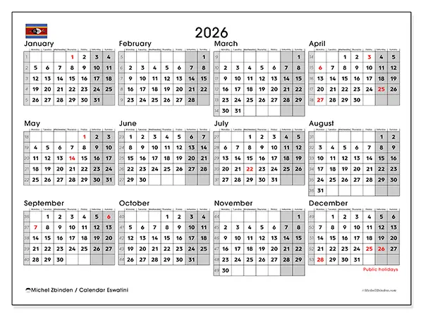 Printable Annual calendar 2026 - Eswatini