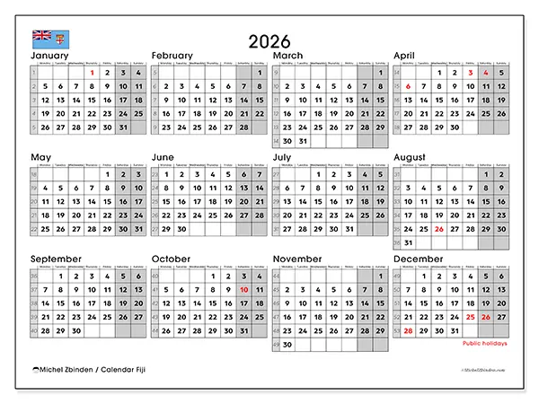 Printable Annual calendar 2026 - Fiji