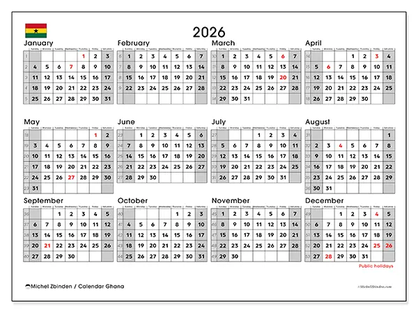 Printable Annual calendar 2026 - Ghana