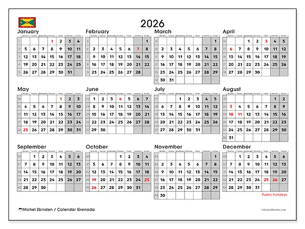 Printable Annual calendar 2026 - Grenada