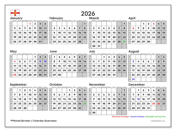 Printable Annual calendar 2026 - Guernsey