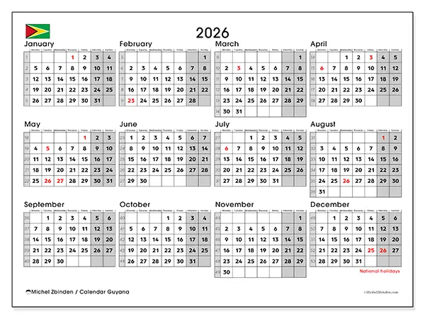 Printable Annual calendar 2026 - Guyana
