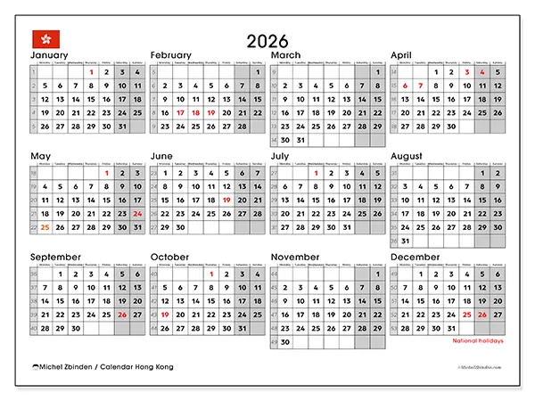 Printable Annual calendar 2026 - Hong Kong