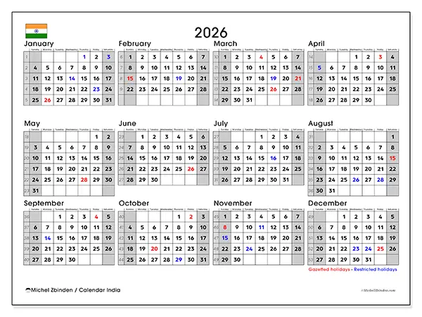 Printable Annual calendar 2026 - India