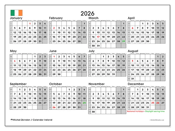 Printable Annual calendar 2026 - Ireland