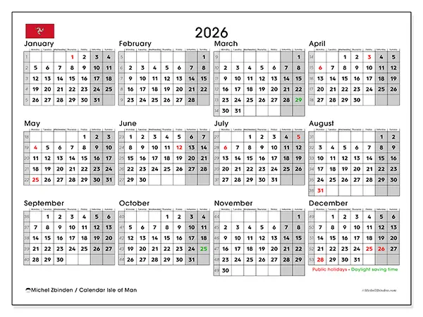 Printable Annual calendar 2026 - Isle of Man