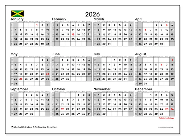 Printable Annual calendar 2026 - Jamaica