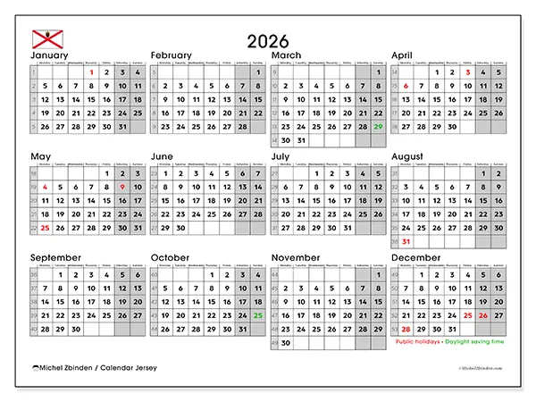 Printable Annual calendar 2026 - Jersey