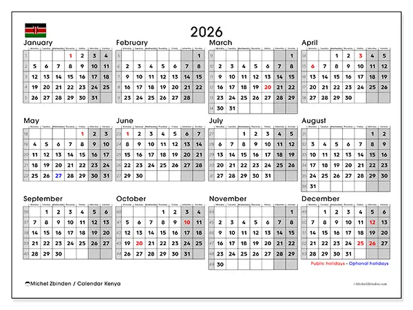 Printable Annual calendar 2026 - Kenya