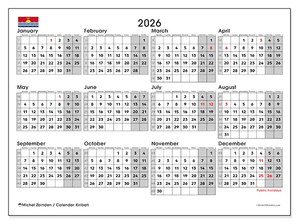 Printable Annual calendar 2026 - Kiribati