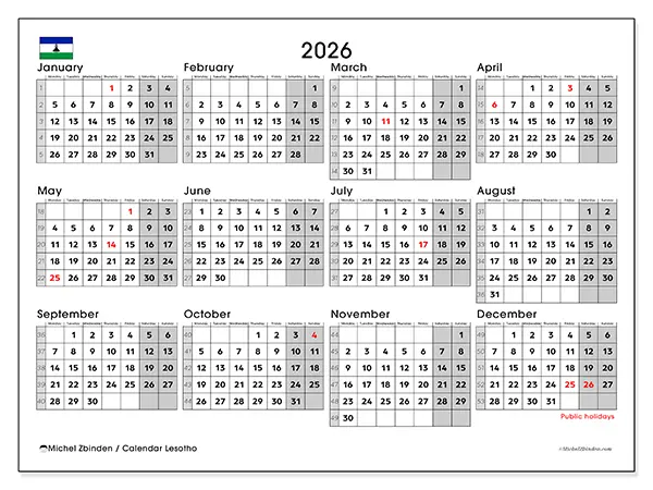 Printable Annual calendar 2026 - Lesotho