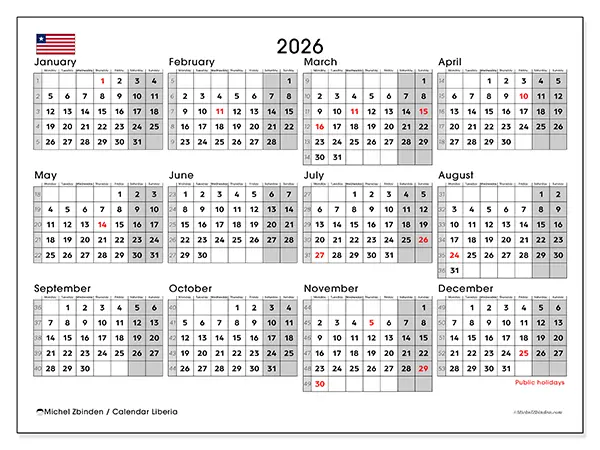 Printable Annual calendar 2026 - Liberia