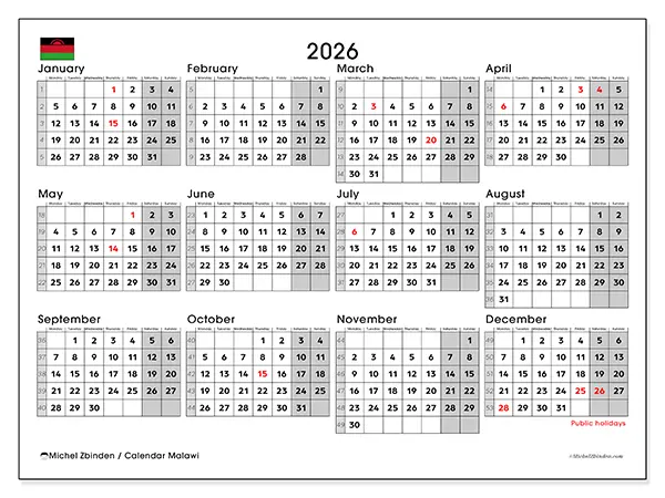 Printable Annual calendar 2026 - Malawi