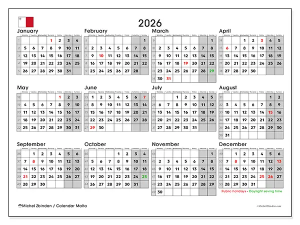 Printable Annual calendar 2026 - Malta