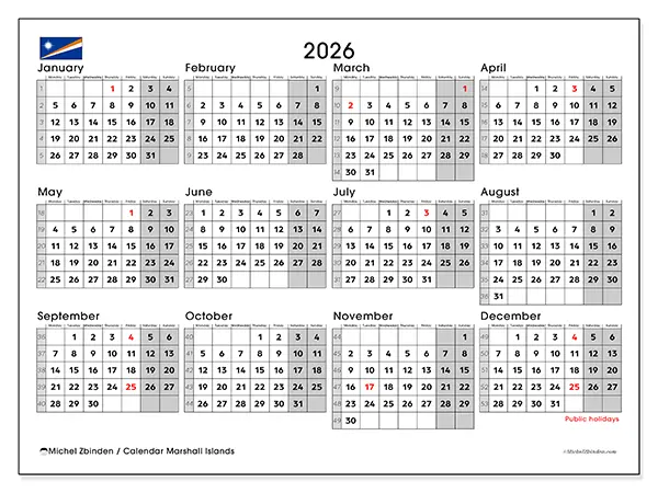 Printable Annual calendar 2026 - Marshall Islands