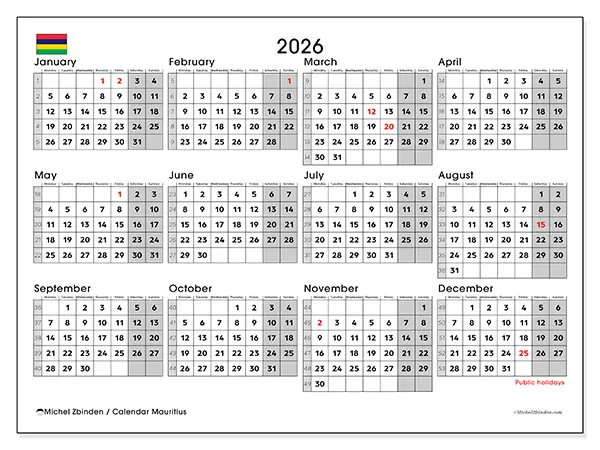 Printable Annual calendar 2026 - Mauritius