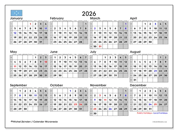 Printable Annual calendar 2026 - Micronesia