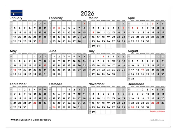 Printable Annual calendar 2026 - Nauru