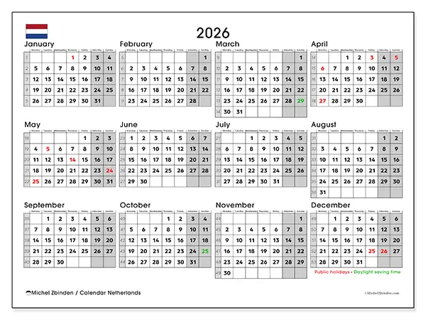 Printable Annual calendar 2026 - Netherlands