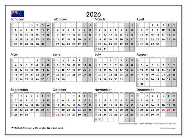 Printable Annual calendar 2026 - New Zealand