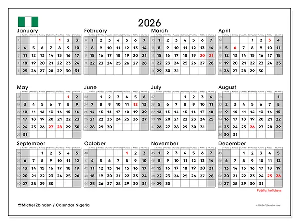 Printable Annual calendar 2026 - Nigeria