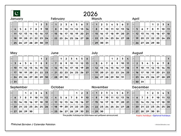Printable Annual calendar 2026 - Pakistan