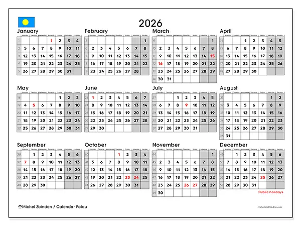 Printable Annual calendar 2026 - Palau