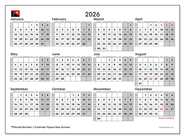 Printable Annual calendar 2026 - Papua New Guinea