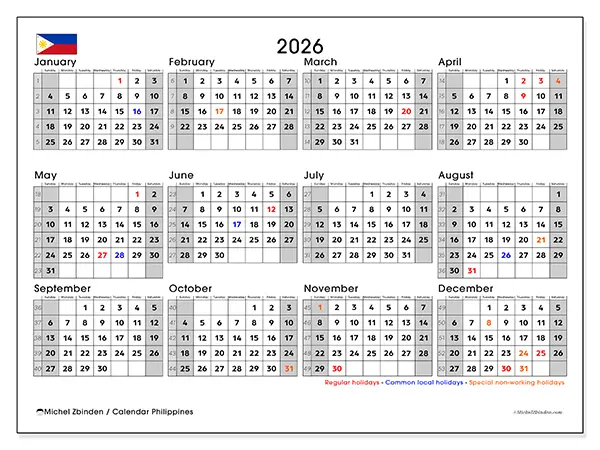Printable Annual calendar 2026 - Philippines