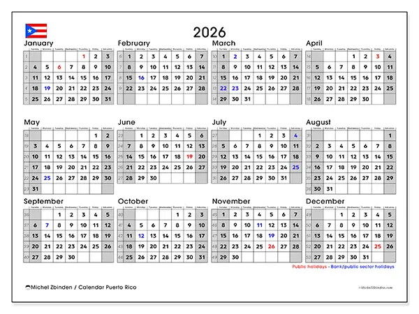 Printable Annual calendar 2026 - Puerto Rico