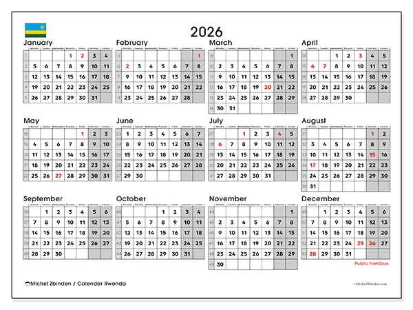 Printable Annual calendar 2026 - Rwanda