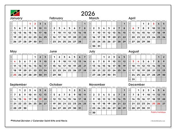 Printable Annual calendar 2026 - Saint Kitts and Nevis