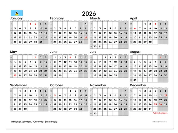 Printable Annual calendar 2026 - Saint Lucia