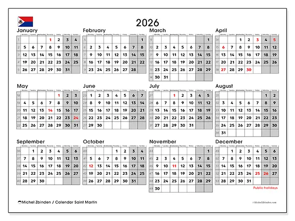 Printable Annual calendar 2026 - Saint Martin