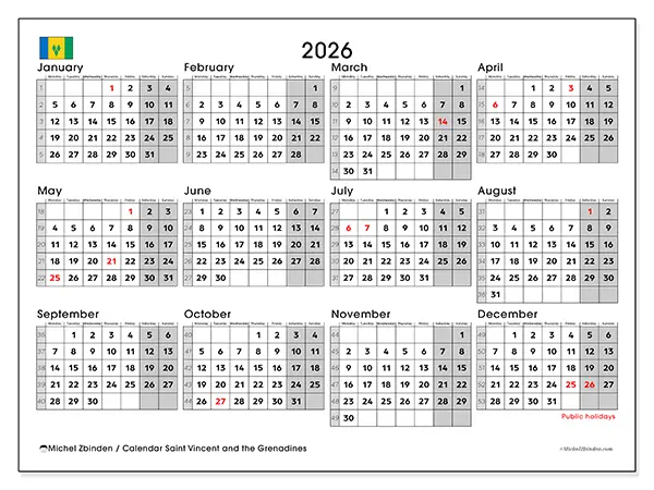 Printable Annual calendar 2026 - Saint Vincent and the Grenadines
