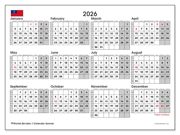 Printable Annual calendar 2026 - Samoa