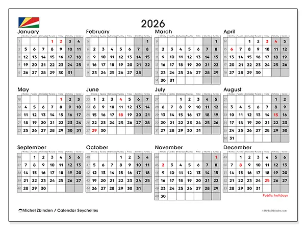 Printable Annual calendar 2026 - Seychelles